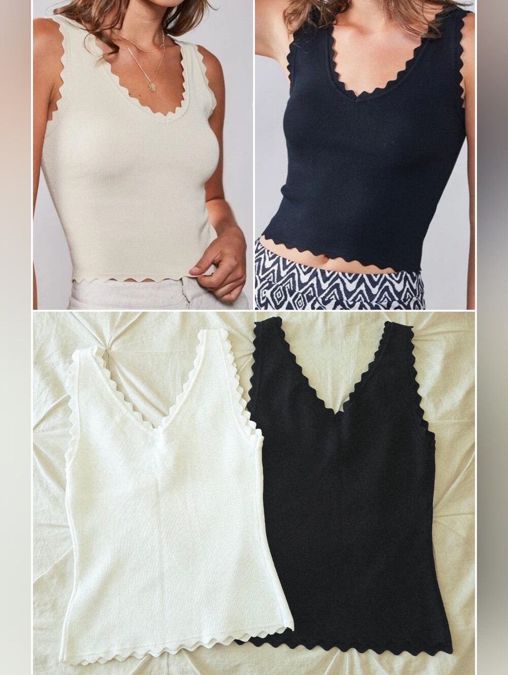 Impressions 2-Piece Tank Tops Black & Off White Scalloped Trim